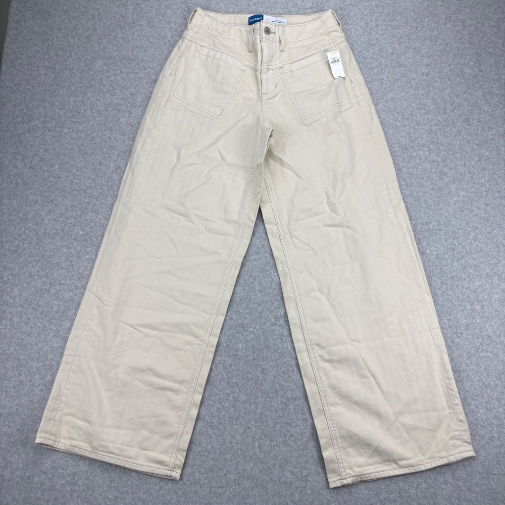 Old Navy Pants Womens 2 Beige Baggy Wide Leg High Rise Herringbone Utility Cargo